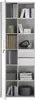 A tall, narrow, white cabinet with multiple shelves and drawers, filled with books, binders, and decorative items. Produktbild-Vorschau