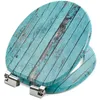 A toilet seat with a distressed blue wood-grain pattern, shown open and attached to its hinges. Produktbild-Vorschau