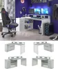 A gaming desk setup with multiple monitors, a gaming chair, and a computer tower, presented in a collage with different views of the desk. Produktbild-Vorschau