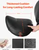 A close-up of a black cushion with text overlays highlighting features and dimensions, along with smaller images showing material and a hand pressing into the cushion. Náhled obrázku produktu