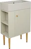 A white bathroom cabinet with a sink on top, featuring open shelves on the left and a fluted door on the right with a gold knob. It stands on four wooden legs. Podgląd zdjęcia produktu