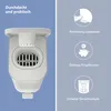 A product image split into two halves. The left half shows a close-up of a white diaper pail. The right half displays three icons with accompanying text describing product features. Produktbild-Vorschau