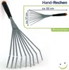 A hand rake is shown against a white background with a diagram indicating its dimensions. Produktbild-Vorschau