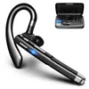 A black Bluetooth headset with a charging case is shown against a white background. The charging case has a digital display showing battery levels. Produktbild-Vorschau