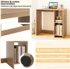 A collage of images showing a small wooden desk with shelves, close-ups of its construction, and details about its features. Náhľad obrázku produktu
