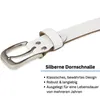 Close-up of a white leather belt with a silver buckle, with descriptive text below. Produktbild-Vorschau