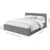 A grey upholstered bed with white bedding, shown with dimensions indicated by lines and text. Produktbild-Vorschau