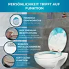 A toilet seat with a beach wave design, shown with feature callouts. Produktbild-Vorschau