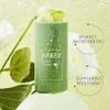 A green mask stick product with water droplets, surrounded by green leaves and white flowers, with text overlays describing its benefits. Náhled obrázku produktu