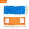 Two mop heads, one blue and one orange, are laid out flat against a white background. Dimensions are indicated with measurement lines and text. Produktbild-Vorschau