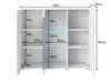 A diagram showing the dimensions of a white cabinet with wood-colored accents. Voir les images du produit