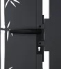 Close-up of a dark gray metal garden gate with a bamboo design cut out and a black handle and lock mechanism. Produktbild-Vorschau