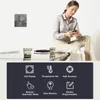 A woman sits on a desk while looking at her phone, with a thermostat on the wall in the background. Below the image is a graphic with icons and text describing features. Podgląd zdjęcia produktu