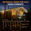 A wooden cabin decorated with icicle lights at night, with a diagram showing the dimensions of the lights. Produktbild-Vorschau