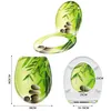 A collage of images showing a toilet seat with a bamboo and stone design, including dimensions. Produktbild-Vorschau