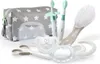 A collection of baby care items including toothbrushes, a pacifier, a teether, scissors, and a travel bag, arranged on a white background. Produktbild-Vorschau