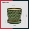 A green ceramic plant pot with a textured pattern and a matching saucer, with dimensions indicated by measurement lines and text. Náhled obrázku produktu