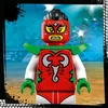 A LEGO minifigure dressed as a wrestler, with a red and green costume and a red mask with yellow eyes. Náhled obrázku produktu