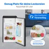 A refrigerator with its door open, showcasing its interior storage, with marketing text and graphics overlaid on the image. Produktbild-Vorschau