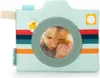 A close-up of a fabric camera-shaped photo album for children, featuring a picture of a child with a chick inside the lens. Anteprima dell’immagine prodotto