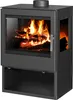 A black wood-burning stove with a glass door showing a fire inside. Anteprima dell’immagine prodotto