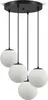 A black ceiling lamp with four white glass globe shades hanging from black cords. Produktbild-Vorschau