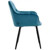 A side view of a blue upholstered chair with black metal legs. Náhľad obrázku produktu