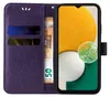 A purple flip case for a Samsung Galaxy A13 phone, showing the inside with card slots and a banknote. Produktbild-Vorschau