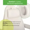 Close-up of a white cosmetic chair with a headrest and a circular face cutout, featuring text overlays highlighting comfort features. Produktbild-Vorschau