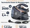 A product image displaying a steam iron and its base, with various technical specifications and dimensions overlaid as text and graphics. Produktbild-Vorschau