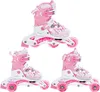 Three pairs of pink and white children's inline skates are arranged in a triangular formation against a white background. Produktbild-Vorschau