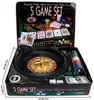 A 5-in-1 casino game set is displayed, featuring a roulette wheel, poker chips, dice, and cards within a metal tin. Produktbild-Vorschau