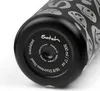 Close-up of the bottom of a black water bottle with silver smiley face pattern and text details. Produktbild-Vorschau