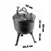 A black cast iron pot with legs, shown with dimensions indicated by text overlays. Podgląd zdjęcia produktu