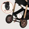 Close-up view of a stroller's wheel and basket area, highlighting features with illustrative icons. Produktbild-Vorschau