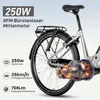 Close-up of an e-bike's rear wheel and motor, with marketing text and icons. Produktbild-Vorschau