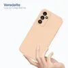 A hand holding a peach-colored phone case against a white background. Produktbild-Vorschau