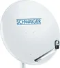 A white satellite dish with a brand logo and mounting arm. Produktbild-Vorschau