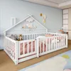 A child's bed with a house-shaped frame and safety rails, decorated with stuffed animals and a shelf with books. Podgląd zdjęcia produktu