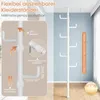A white telescopic clothes rack is shown in a room, with text overlays highlighting its features and dimensions. Produktbild-Vorschau