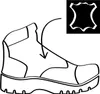 A line drawing of a boot with an arrow pointing to the material, and a black square with a white leather symbol in the upper right corner. Produktbild-Vorschau