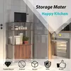 A kitchen storage unit with a microwave and various items on shelves, set in a kitchen environment. Overlay text highlights features. Podgląd zdjęcia produktu