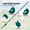 A green T-post fence stake is shown diagonally with close-up insets highlighting its features, set against a blurred background of a grassy field with cows. Produktbild-Vorschau