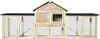 A wooden rabbit hutch with multiple compartments and doors, set against a white background. Voir les images du produit
