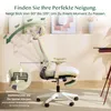 An office chair is shown with text overlays and graphics indicating its adjustable recline feature and lumbar support. Podgląd zdjęcia produktu