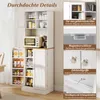A white kitchen cabinet with various compartments and shelves, showcasing its features with text overlays. Podgląd zdjęcia produktu