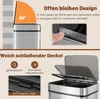 Collage of images showing features of a sensor trash can, including its open design, button operation, soft-closing lid, and anti-collision pads. Podgląd zdjęcia produktu