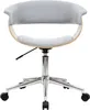 A modern office chair with a light gray fabric seat and back, supported by a curved light wood frame and a polished chrome base with five wheels. Produktbild-Vorschau