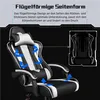 A gaming chair with diagrams and text highlighting its features. Produktbild-Vorschau
