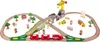 A wooden train set with various accessories, including a crane, vehicles, animals, and figures, arranged on a white background. Podgląd zdjęcia produktu